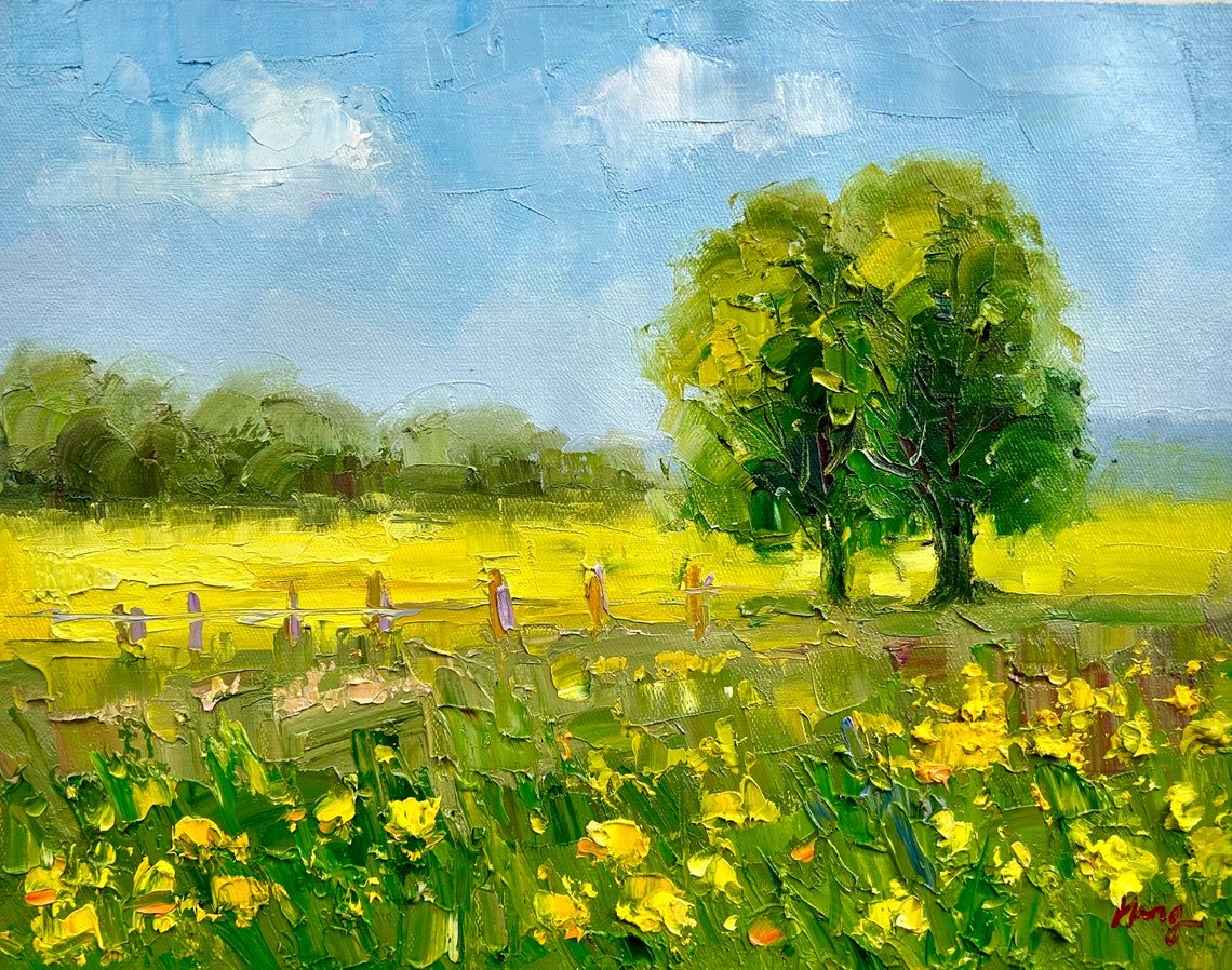 Sunny Meadow With Yellow Wildflowers Fence And Big Tree Poster