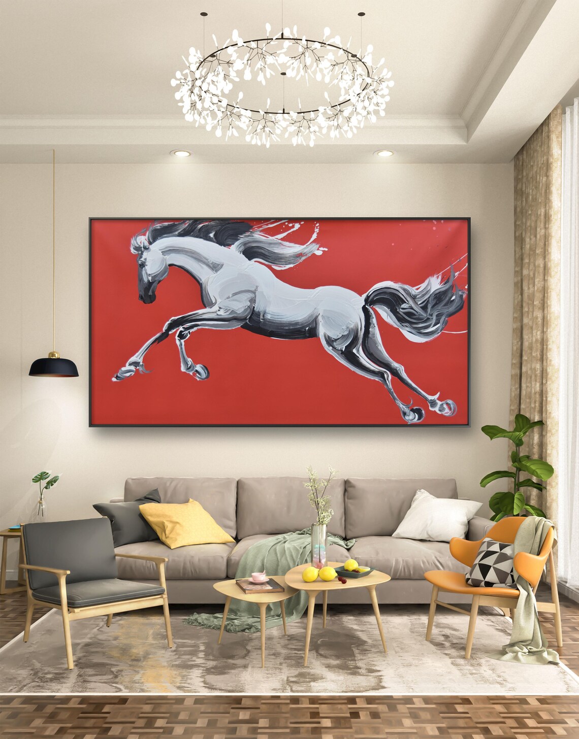 White Galloping Horse On Bold Red Background Oil Painting Print