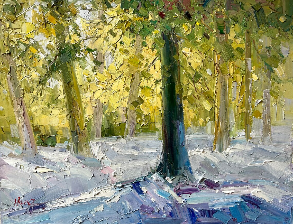 Winter Forest Snowy Ground Golden Light Tall Trees Oil Poster - Image 5