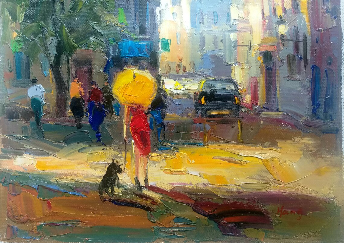 Woman Red Dress Yellow Umbrella Night City Street Lights Poster - Image 3