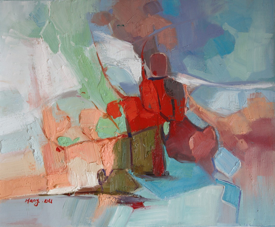 Framed Red Green Pastel Abstract Modern Oil Painting Art Print - Image 5