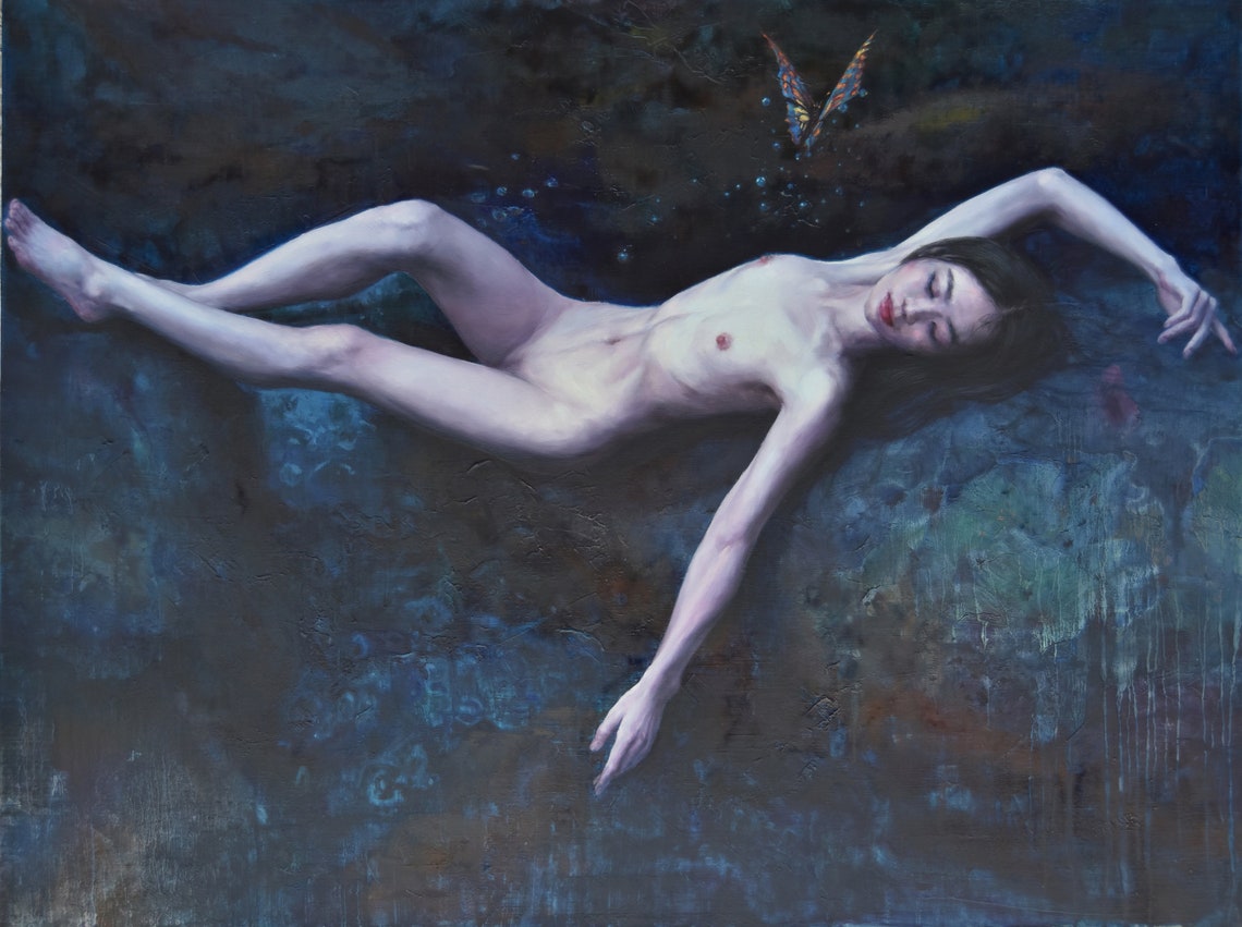 Original Human Body Oil Painting Body Art Nude Painting Art Female Nude In Blue Dream Oil Painting Wall Art Personalized Gift - Image 3