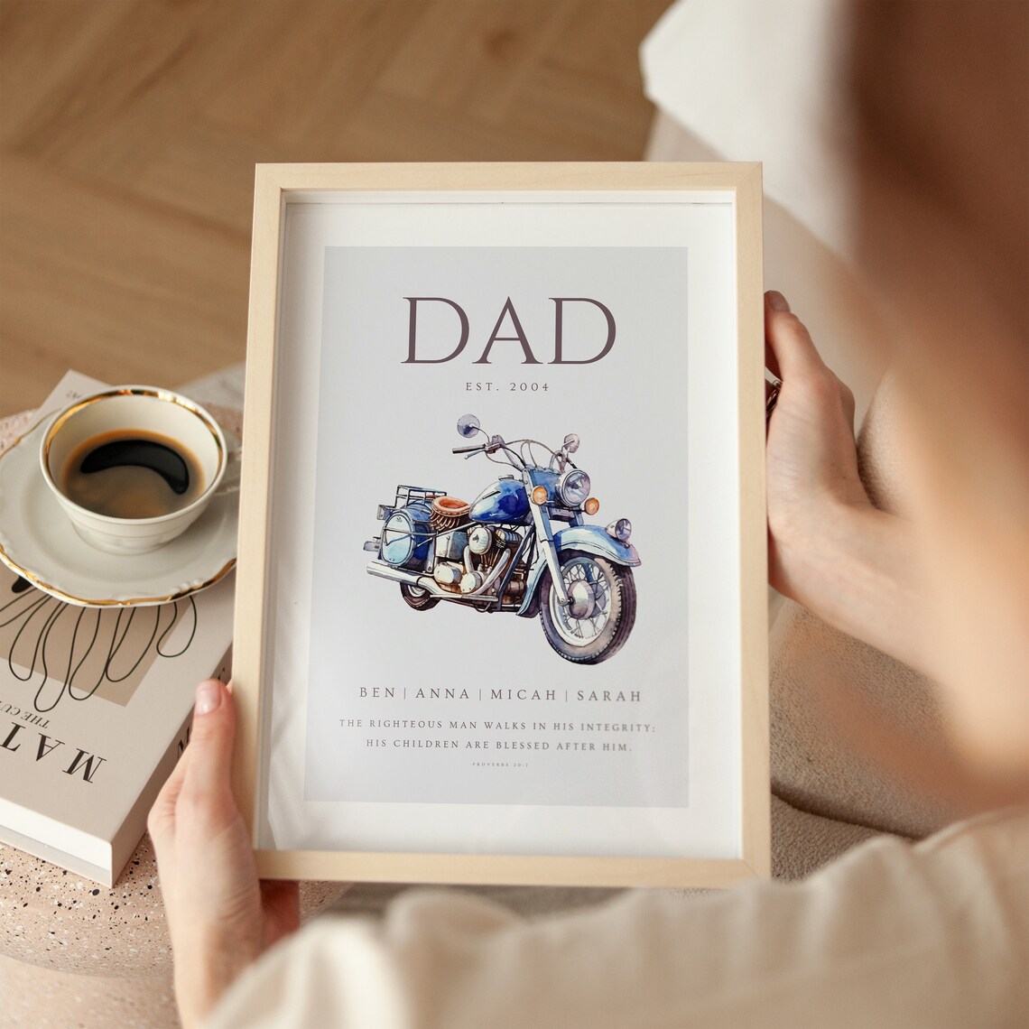 Dad Est 2004 Blue Motorcycle Proverbs 20 7 Fathers Day Gift Poster