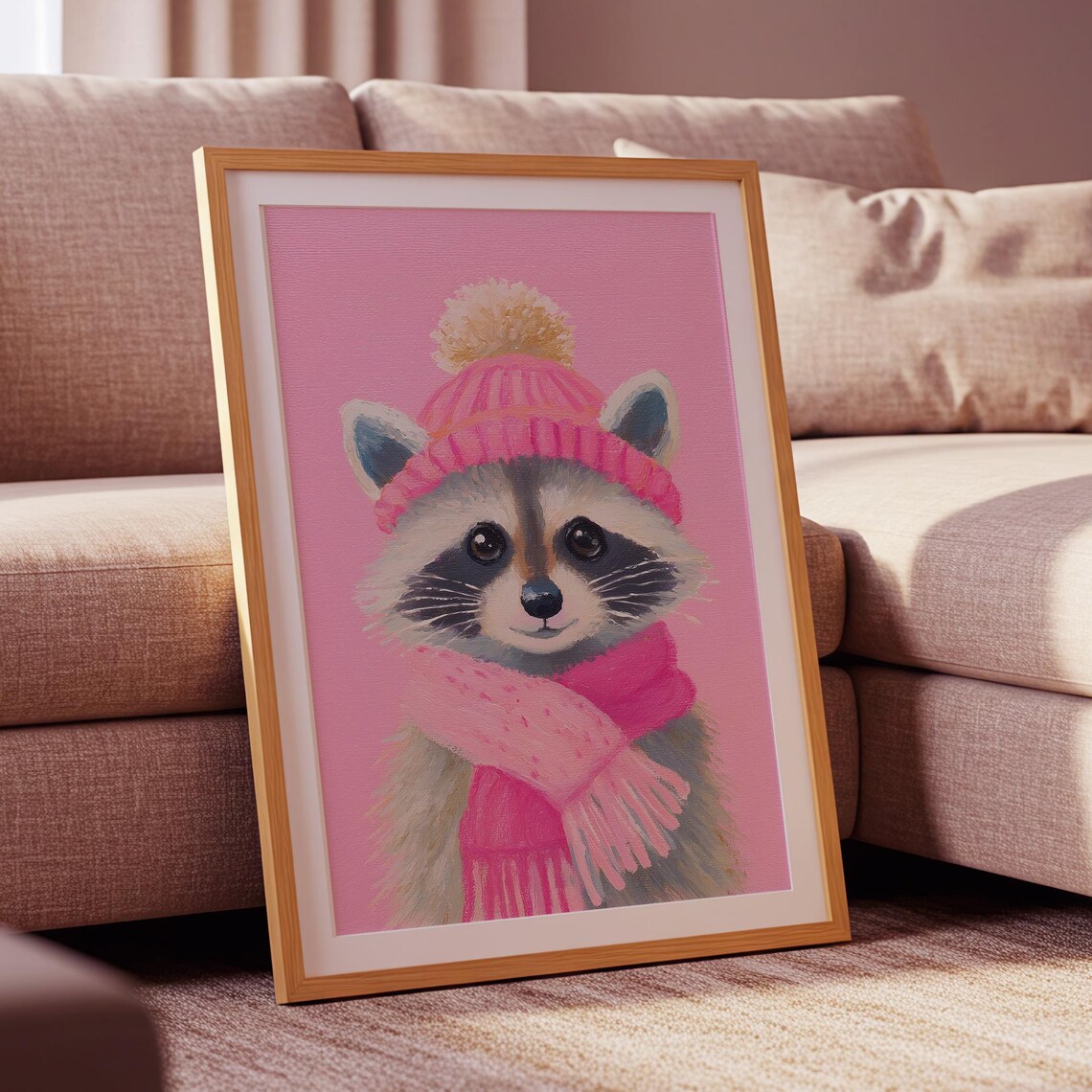 Pink Raccoon Wall Art Print, Cute Nursery Decor