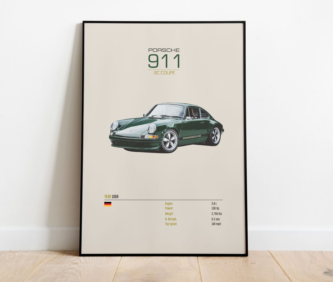 Porsche 911 SC Coupe 1980 Green Classic Car Spec Sheet Poster