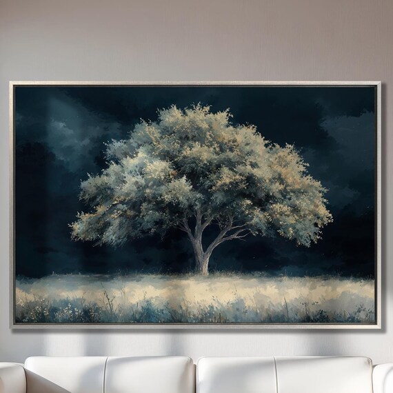 Large Serene Tree Wall Art Moody Landscape Painting Print Deep Blue And Green Wall Decor Tranquil Night Nature Poster Ready To Hang