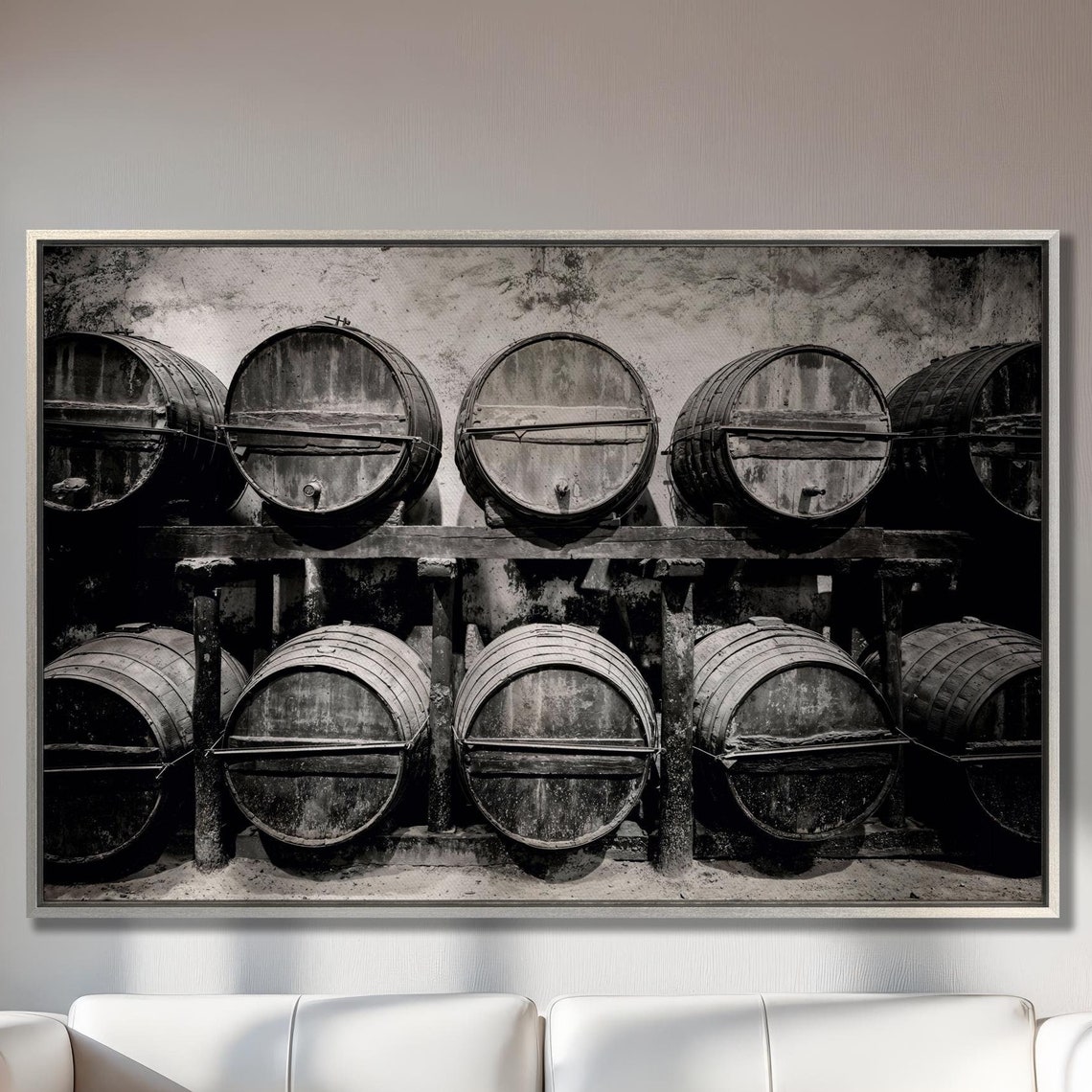 Stacked Wine Barrels Winery Cellar Black And White Large Wall Art
