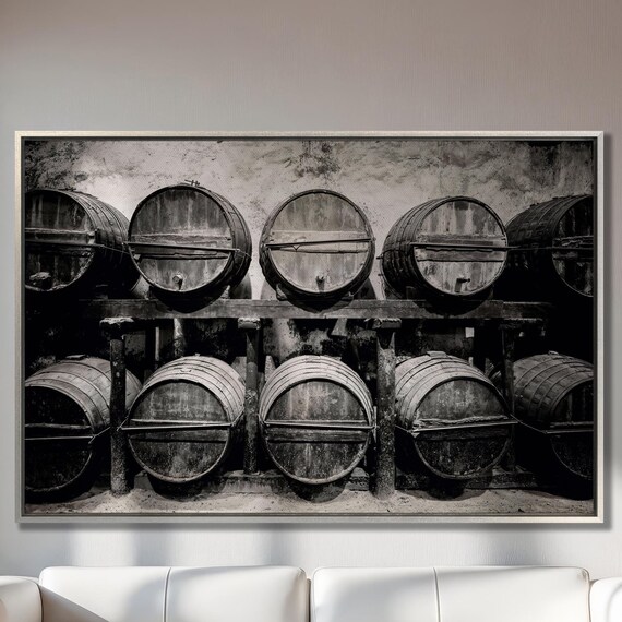 Stacked Wine Barrels Winery Cellar Black And White Large Wall Art