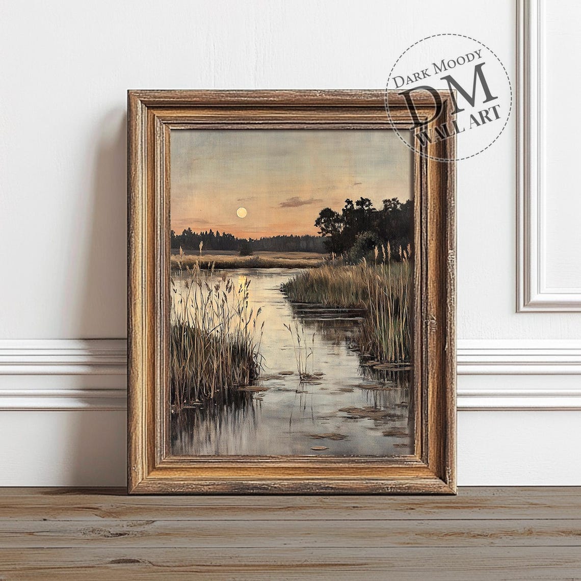 Moonlit River Marsh Moody Sunset Reeds Water Reflection Poster