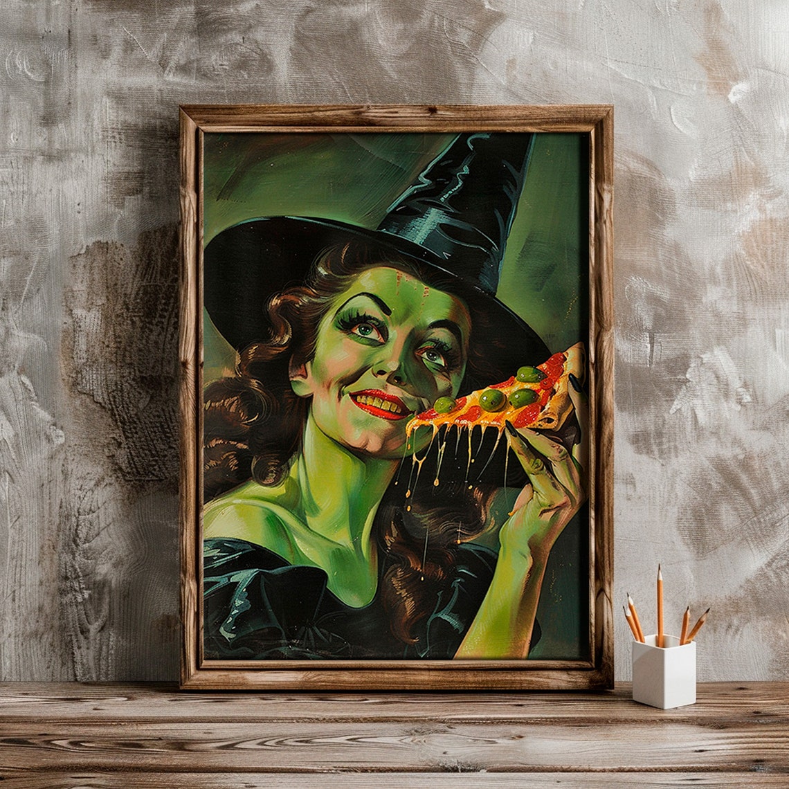 Green Witch Eating Pizza Funny Retro Halloween Pinup Art Print - Image 4