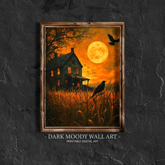 Halloween Prints Halloween Farmhouse Wall Art Vintage Haunted House Painting Dark Cottagecore Print Moody Halloween Wall Art