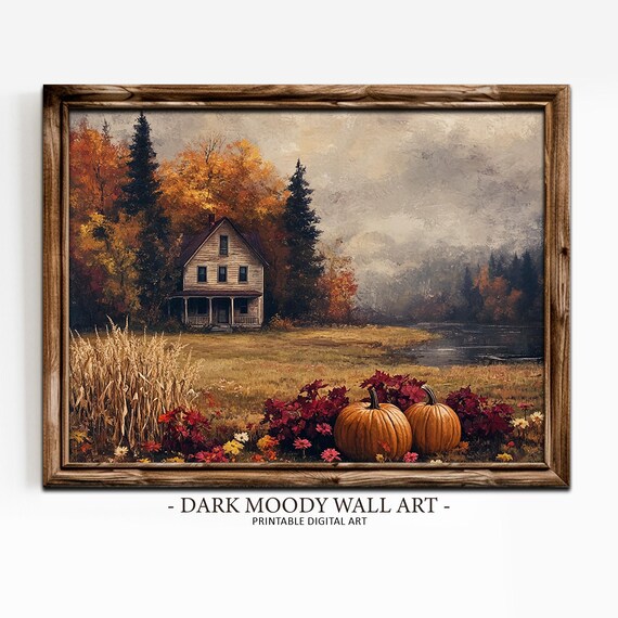 Moody Thanksgiving Farm House Autumn Lake Landscape Harvest Poster