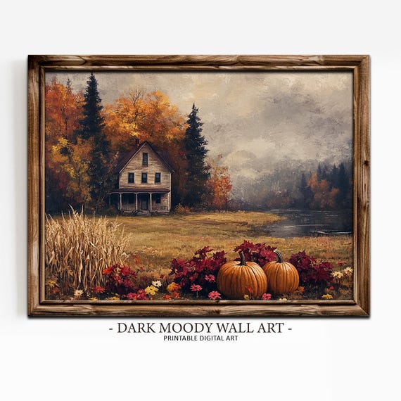 Moody Thanksgiving Farm Wall Art Autumn Landscape Painting Dark Cottagecore Print Rustic Farmhouse Wall Decor Country Decor