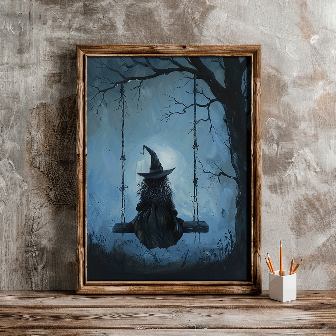 Lonely Witch On Swing Beneath Moonlit Night Gothic Art Print - Image 4
