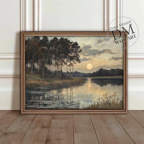 Moonlit Lake Landscape Wall Art Gothic Forest Night Scene