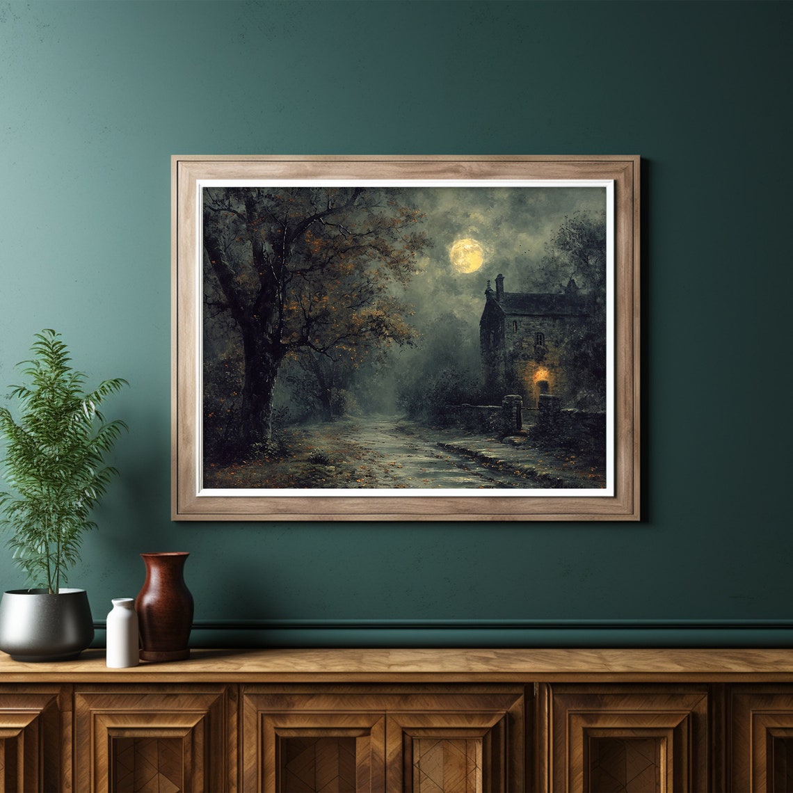 Moonlit Stone Village House Under a Full Moon Night Landscape Poster - Image 6
