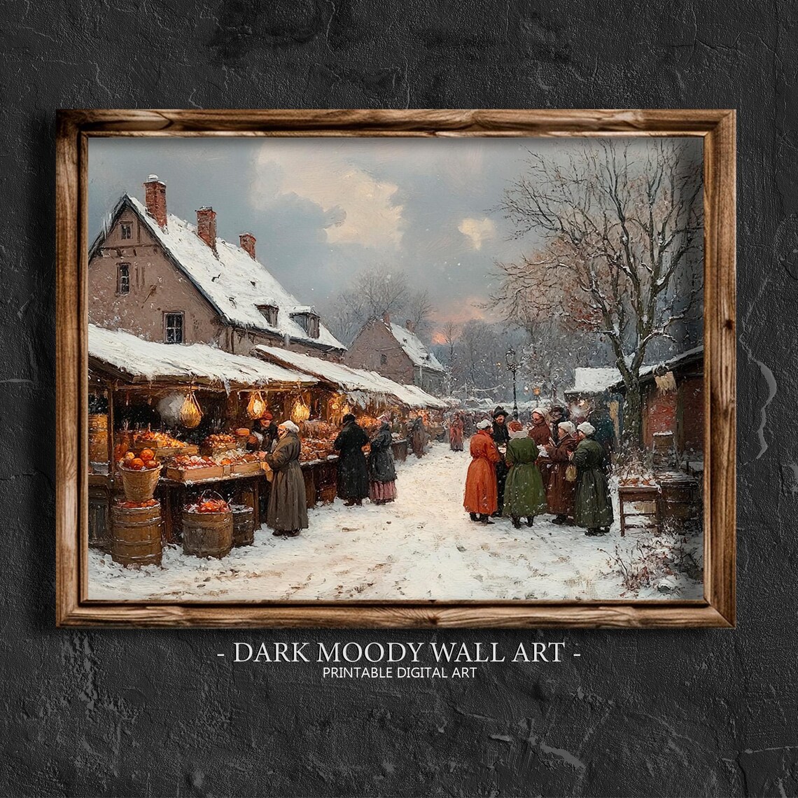 Winter Street Market in Snow With Bustling Stalls Vintage Wall Art - Image 4