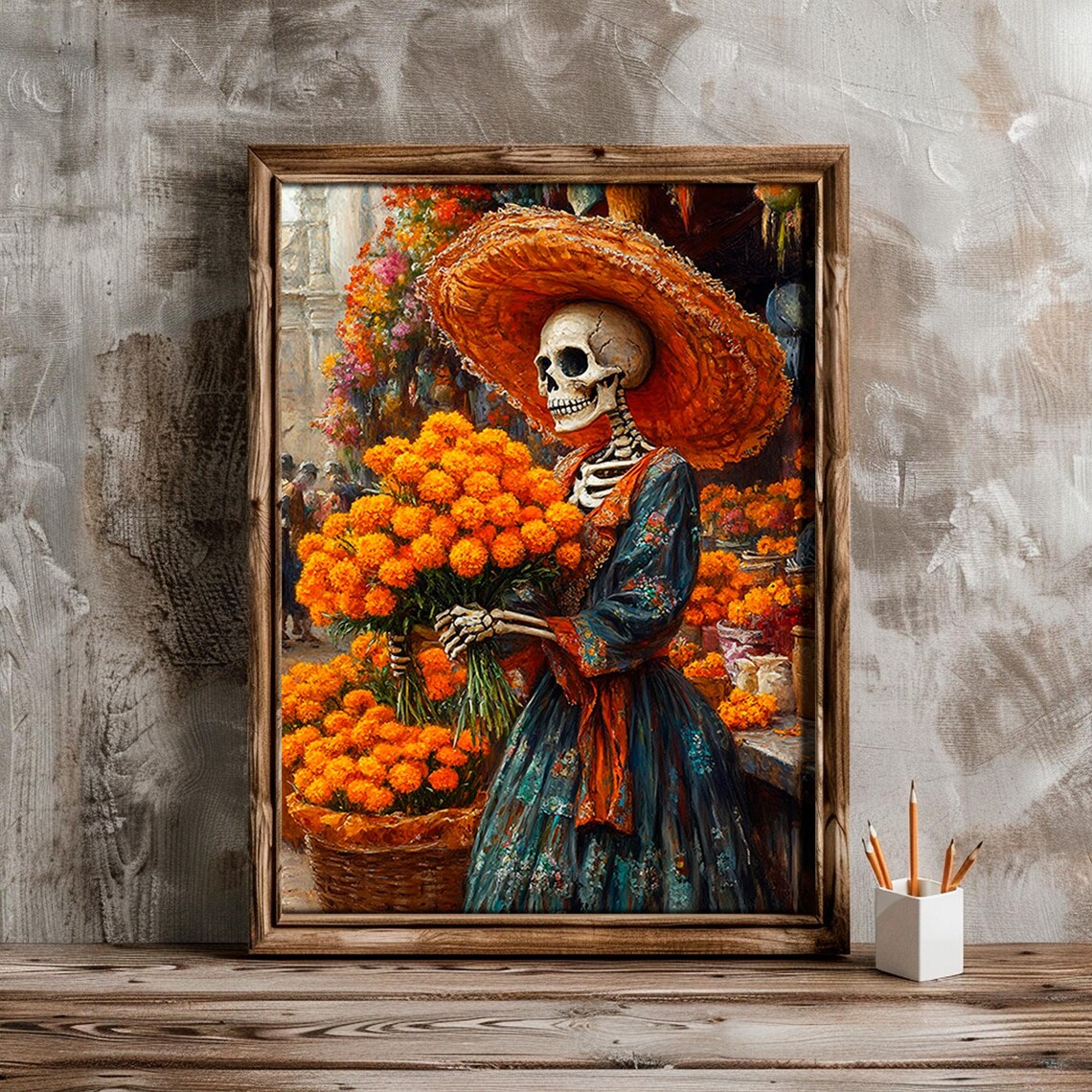 Day of the Dead Catrina Marigold Bouquet Flower Market Sugar Skull Portrait Poster - Image 6