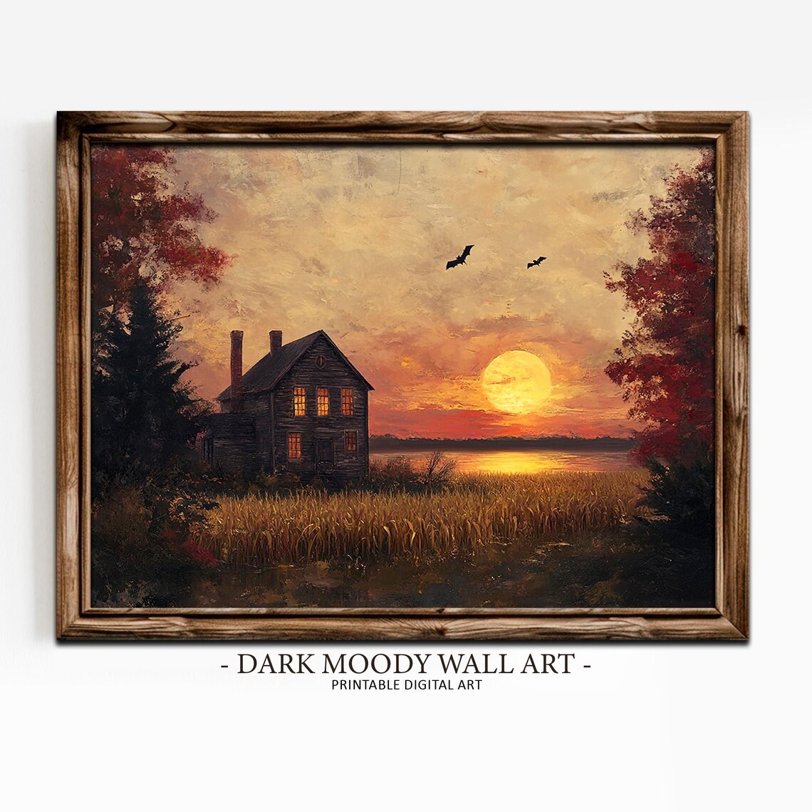 Halloween Haunted House Red Sunset Bats Lake Spooky Moody Painting Poster - Image 6