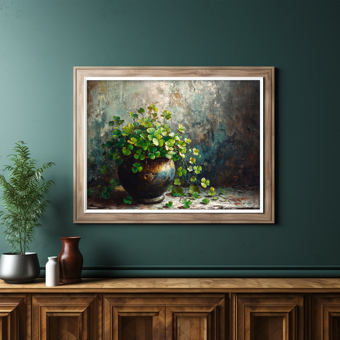 Potted Shamrocks Rustic Pot Dark Moody Irish Still Life Poster - Image 6