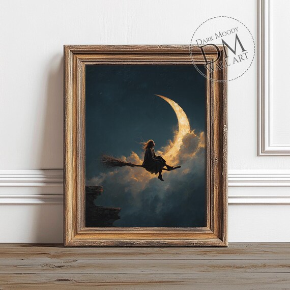 Gothic Halloween Witch Wall Art Flying Broomstick Moon Scene
