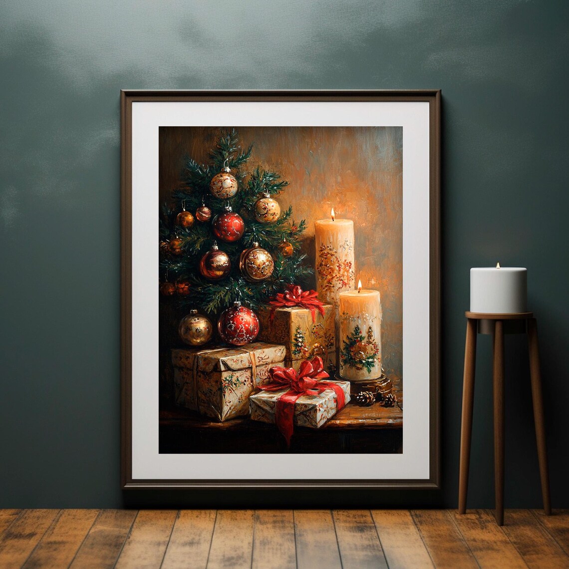 Small Christmas Tree Red Gold Ornaments Gifts Candles Poster - Image 4