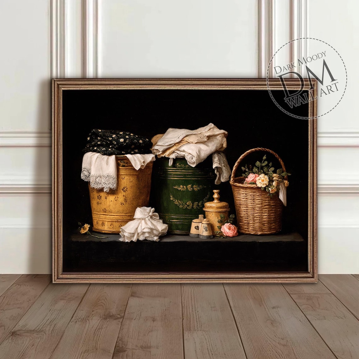 Laundry Room Decor Vintage Buckets of Linens and Flowers Art Print