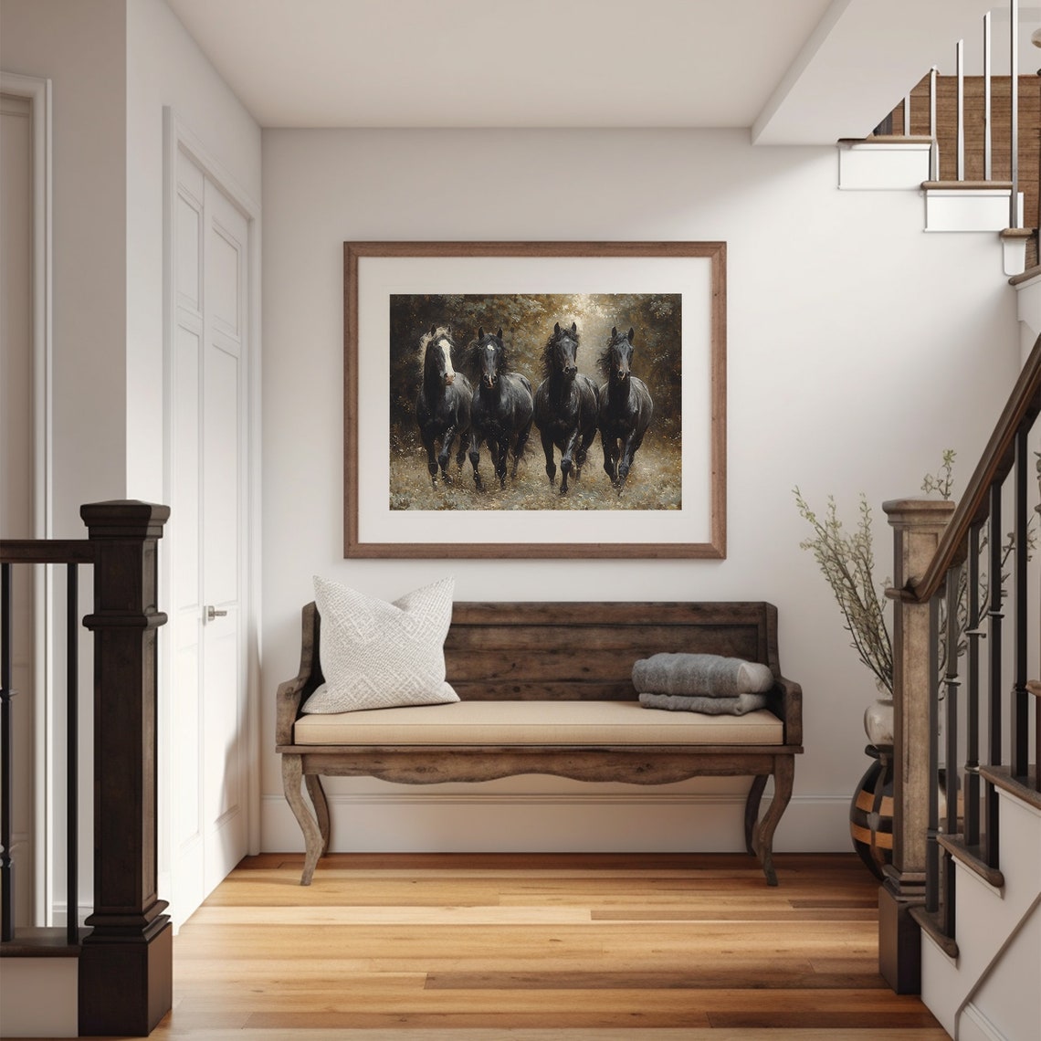 Four Black Horses Herd Dark Moody Equestrian Oil Painting Poster - Image 5