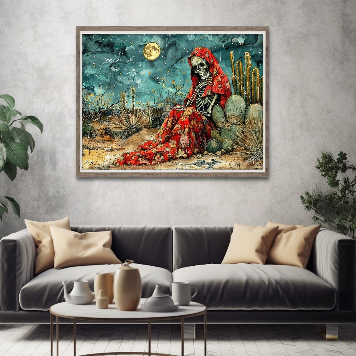 Dia De Los Muertos Skeleton Desert Cacti Moonlight Painting Poster - Image 5