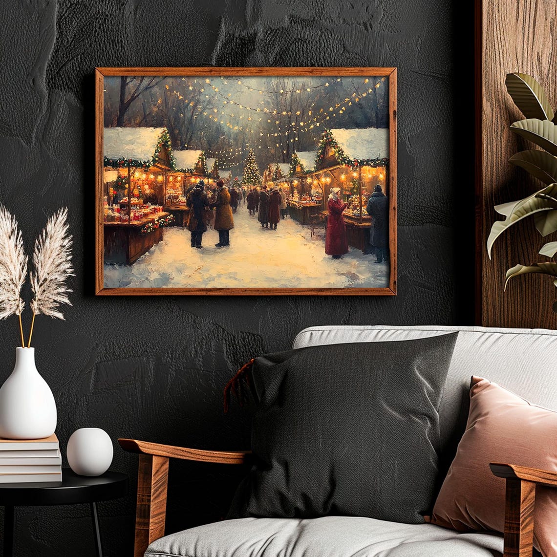 Victorian Christmas Market Print Vintage City Town Scene Wall Art Village Moody Painting - Image 2