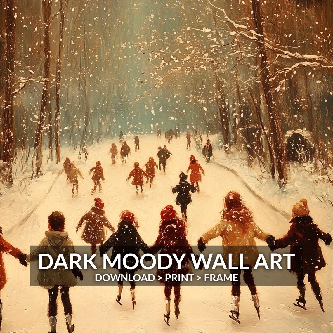 Children Ice Skating On Frozen Forest Pond Winter Painting Wall Art - Image 6