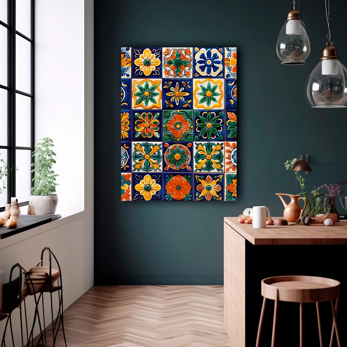 Mexican Talavera Tile Grid Colorful Floral Pattern Art Print - Image 2