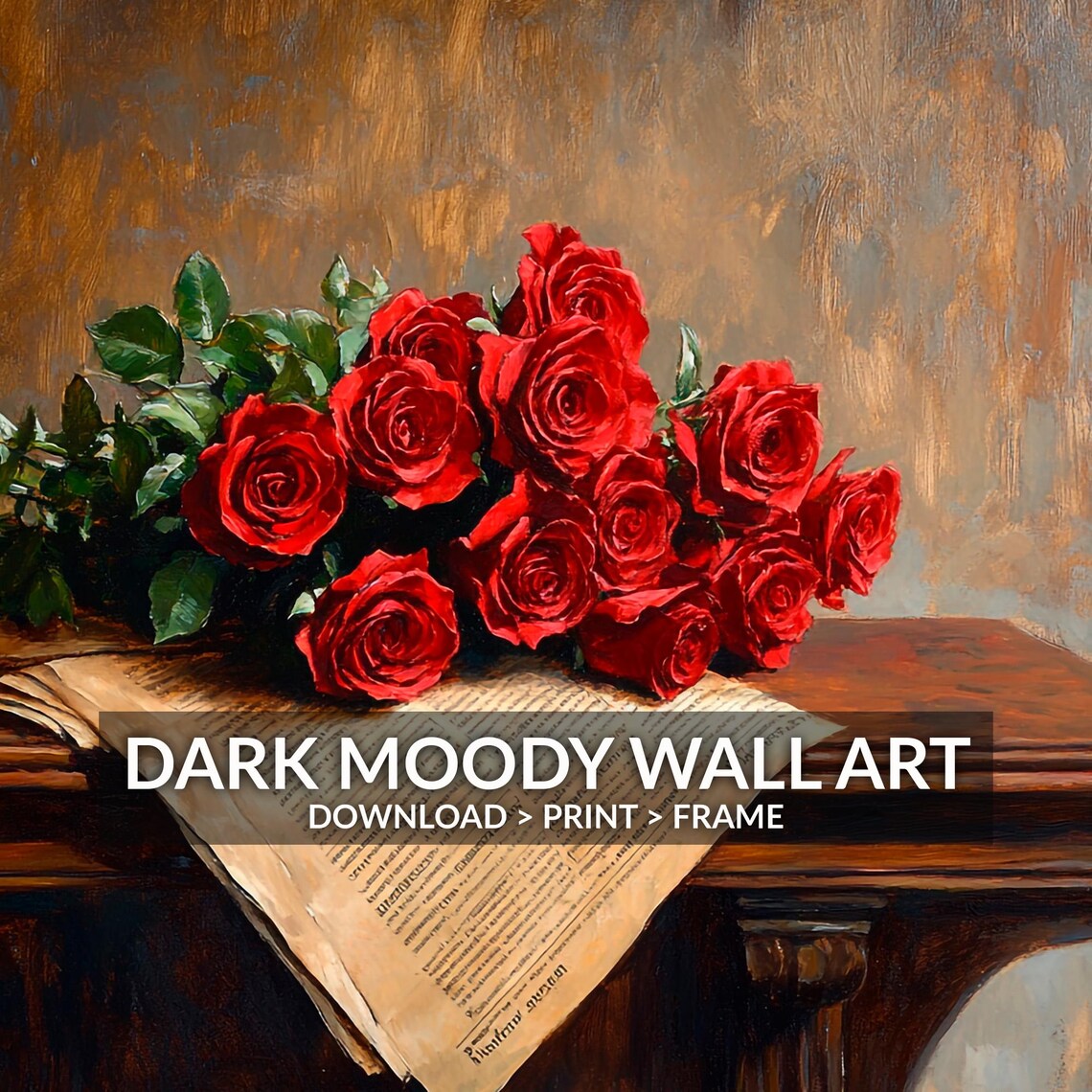 Red Roses Bouquet on Vintage Newspaper Moody Still Life Poster - Image 6