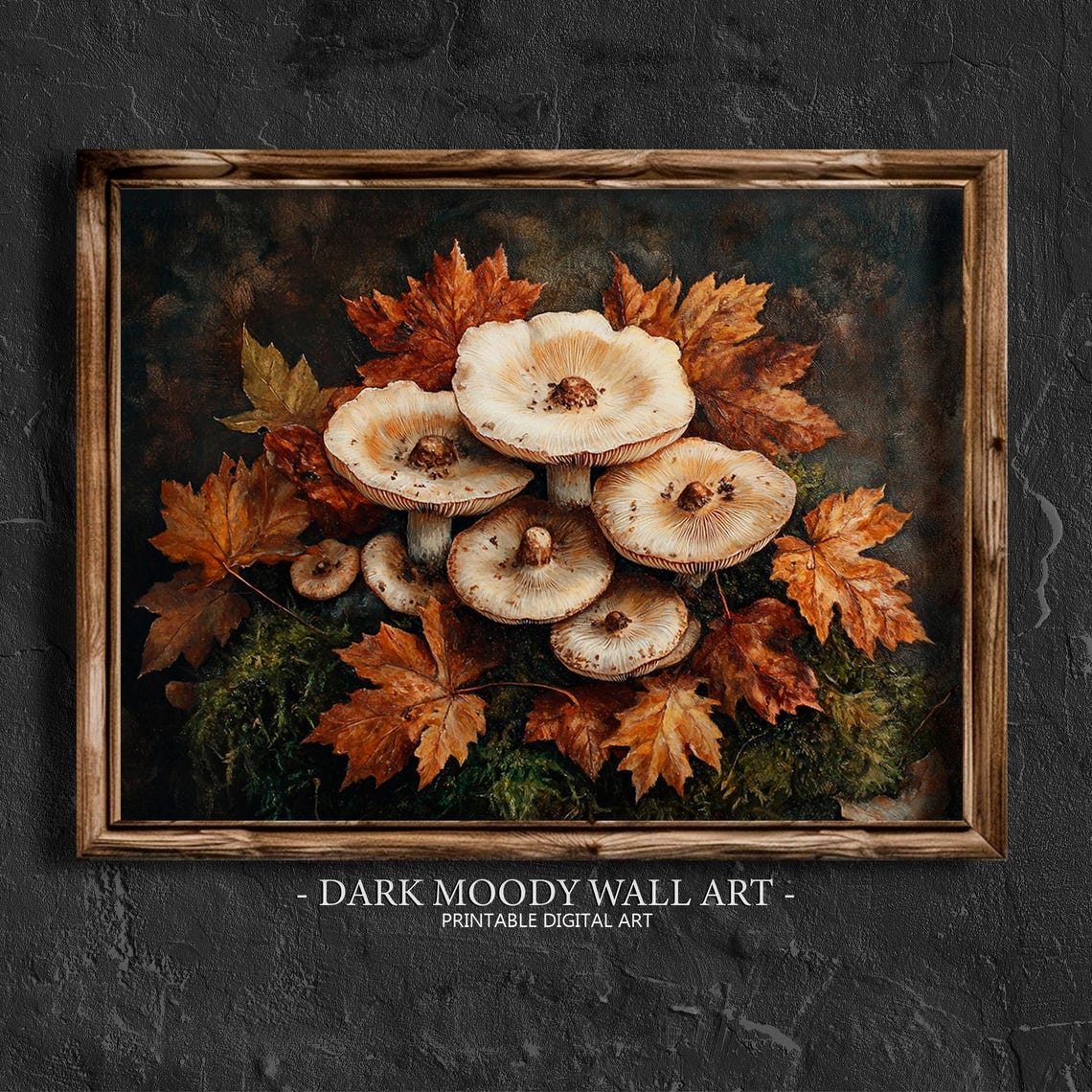 Cream Wild Mushrooms With Autumn Maple Leaves on Mossy Ground Poster