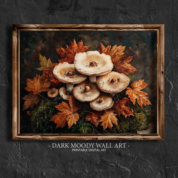 Cream Wild Mushrooms With Autumn Maple Leaves on Mossy Ground Poster
