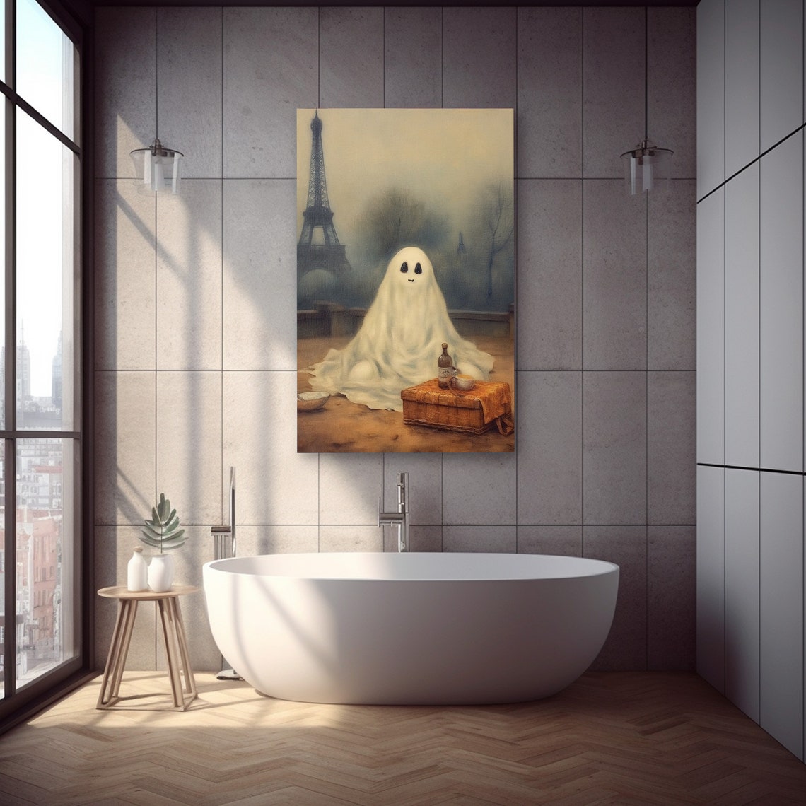 Cute Ghost Print Moody Haunted Halloween Art Gothic Ghost In Paris Painting Decor - Image 2