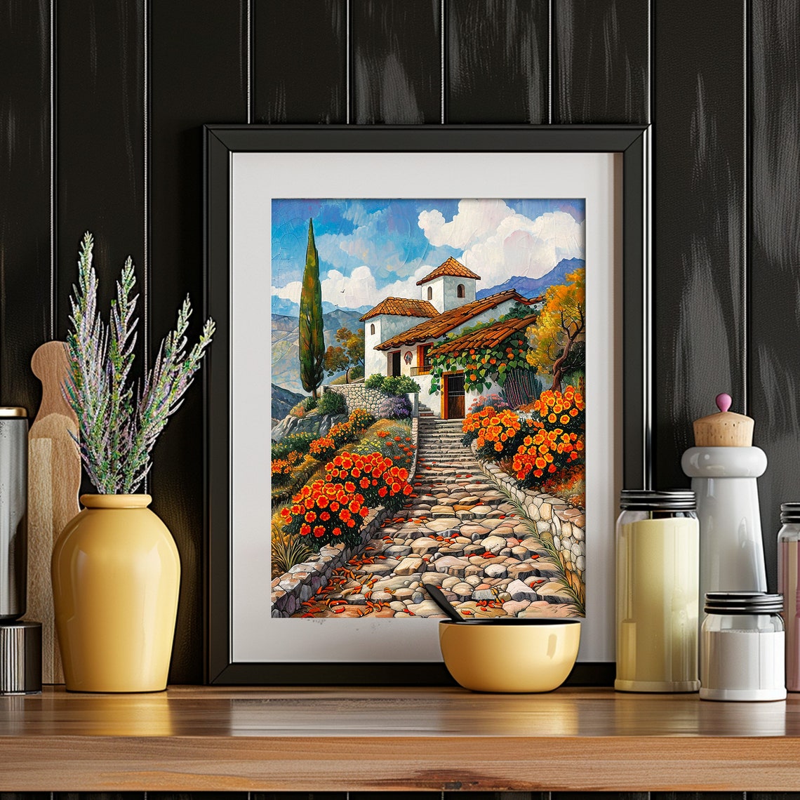 Mexican Hacienda Cobblestone Steps Orange Flowers Mountain Art Poster - Image 2