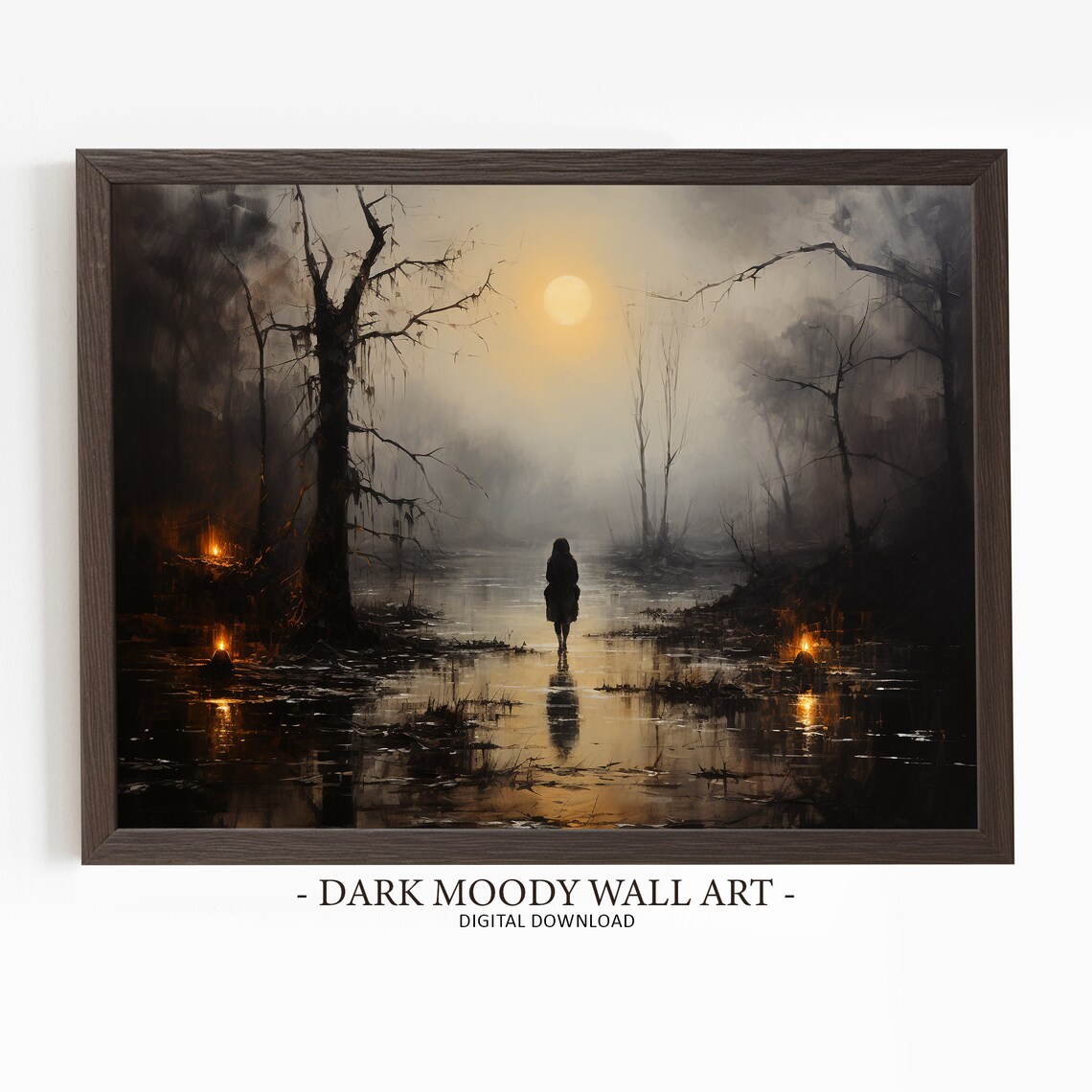 Lone Figure in a Moonlit Swamp Mist Dark Moody Landscape Art Poster