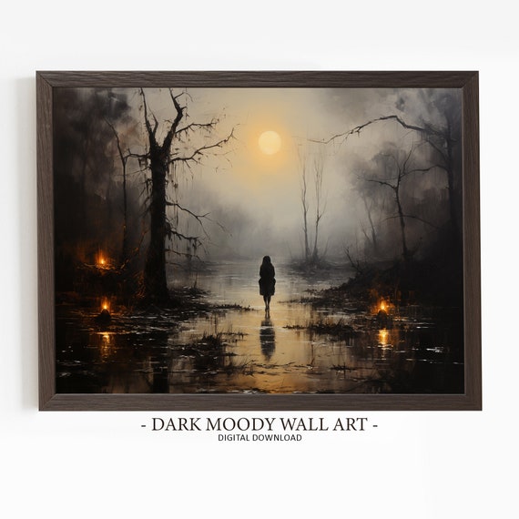 Dark Moody Forest Painting Dark Cottagecore Print Halloween Wall Decor Landscape Art
