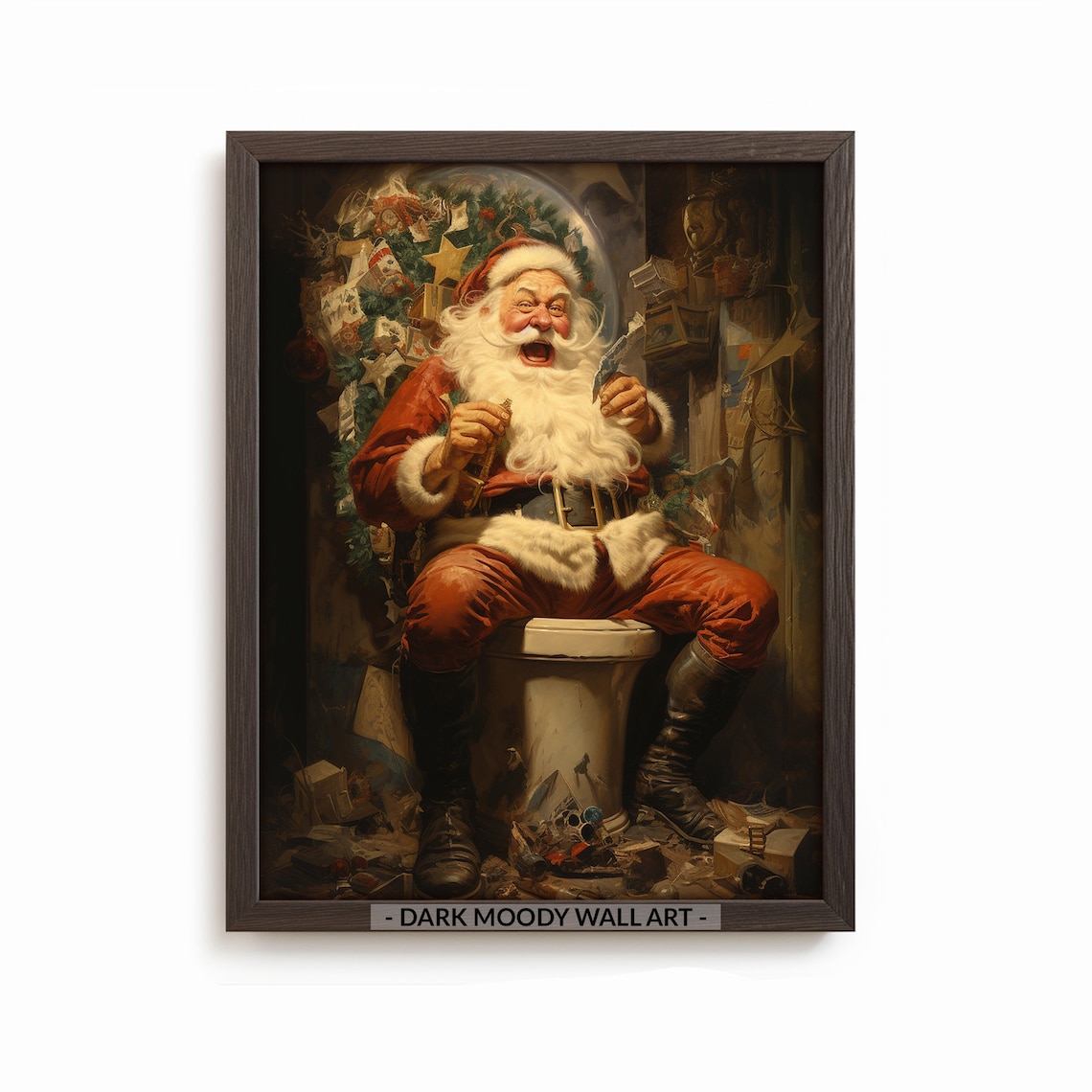 Santa Claus On Toilet Painting Print Christmas Portrait Art Xmas Decor Poster Xmas Holiday Art Print