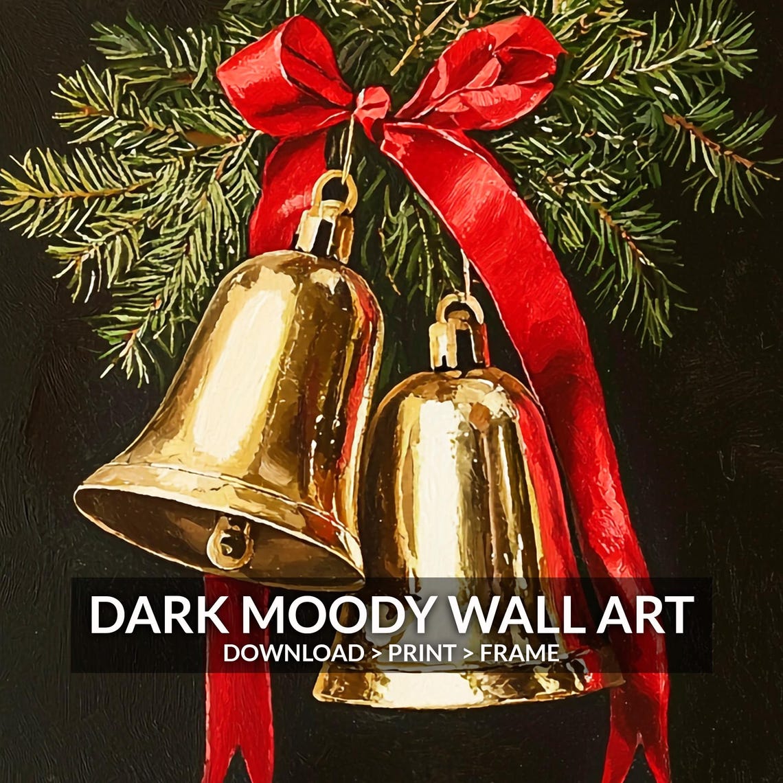 Vintage Gold Christmas Bells With Red Ribbon Pine Holiday Wall Art - Image 6
