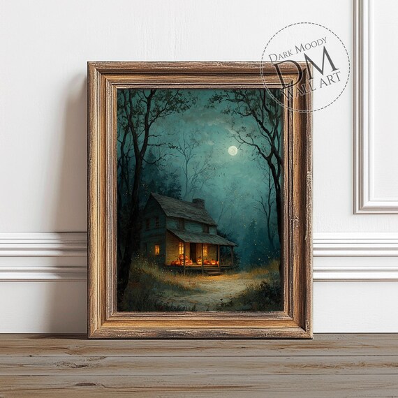 Halloween Haunted House Wall Art Jack O Lantern Night Print