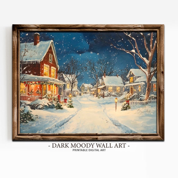 Christmas Town Print Vintage Christmas Wall Art Decorated Christmas Village Streets Snowy Moody Landscape Painting