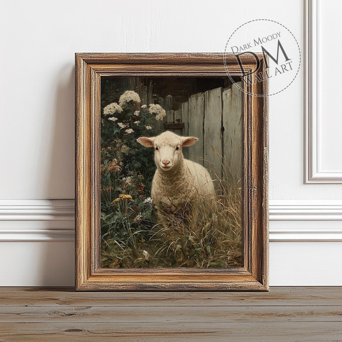 Young Lamb Among Wildflowers by a Wooden Fence Vintage Art Poster