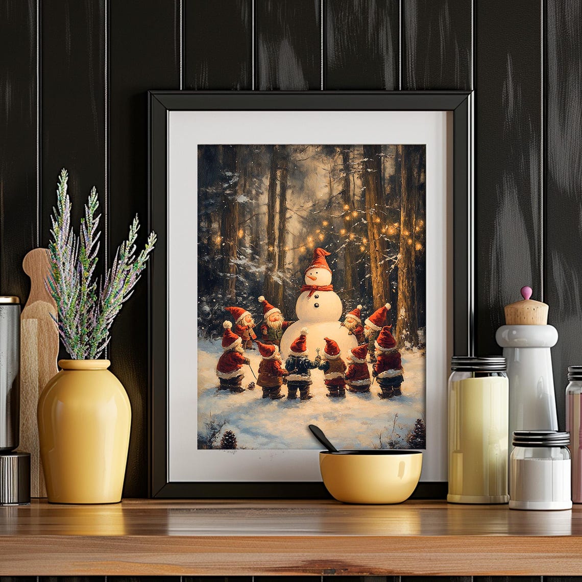 Snowman Surrounded by Gnomes in Snowy Christmas Forest Night Wall Art - Image 5