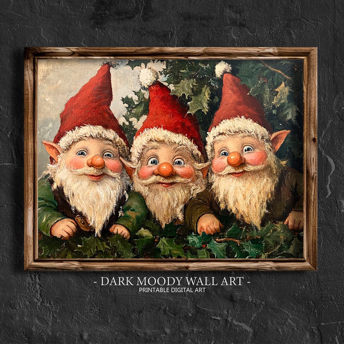 Three Smiling Christmas Elves Peeking Through Holly Wall Art