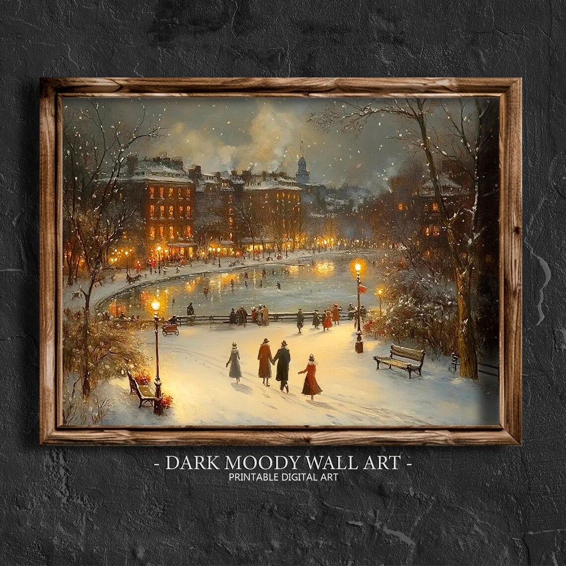 Victorian Winter Park Frozen Pond Skaters Night Glow Scene Poster