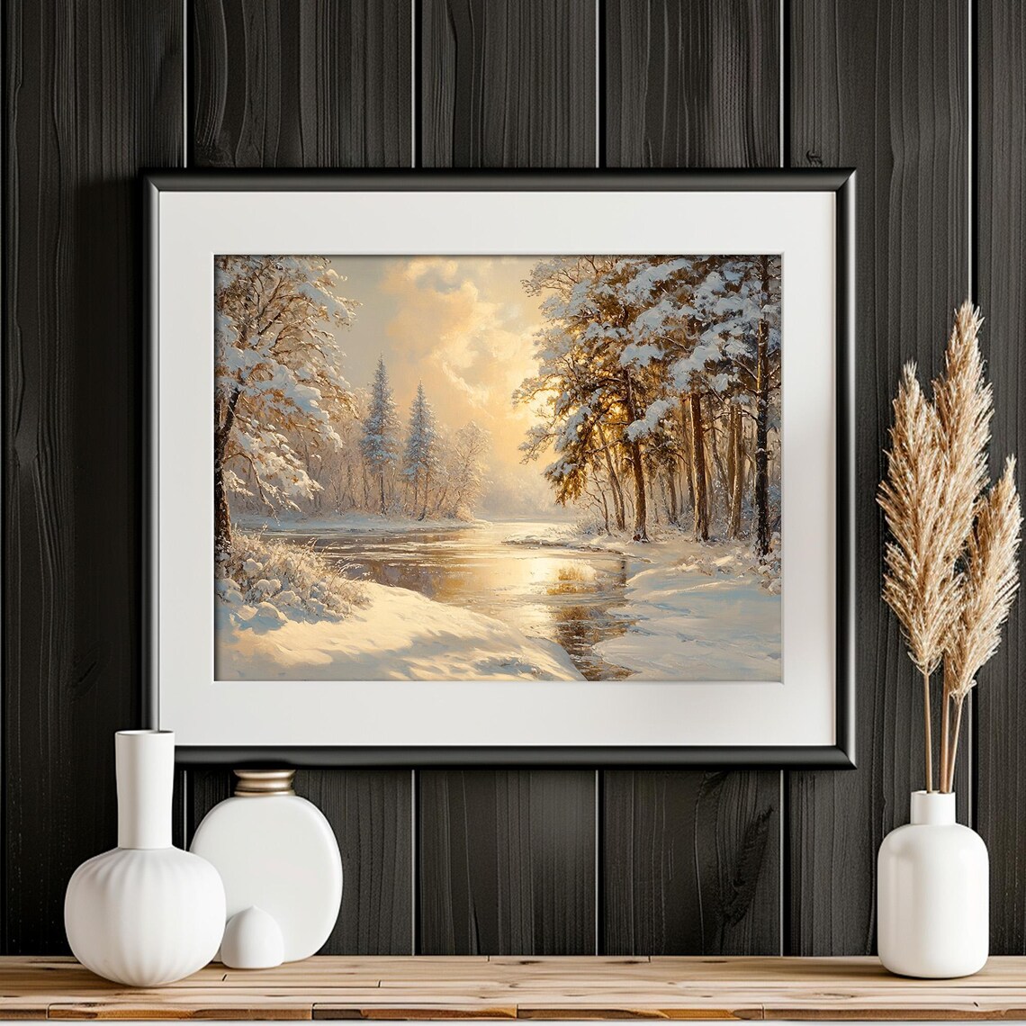 Snowy Winter Forest With Frozen River Golden Morning Light Wall Art - Image 4