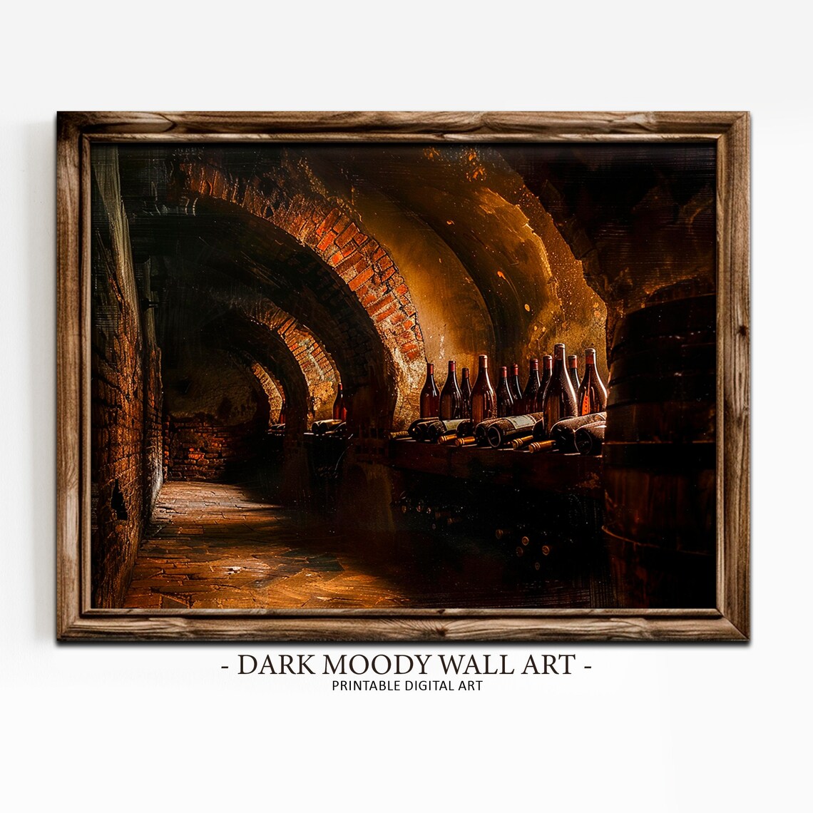 Wine Cellar Brick Arches Bottles Dark Moody Painting Vintage Poster