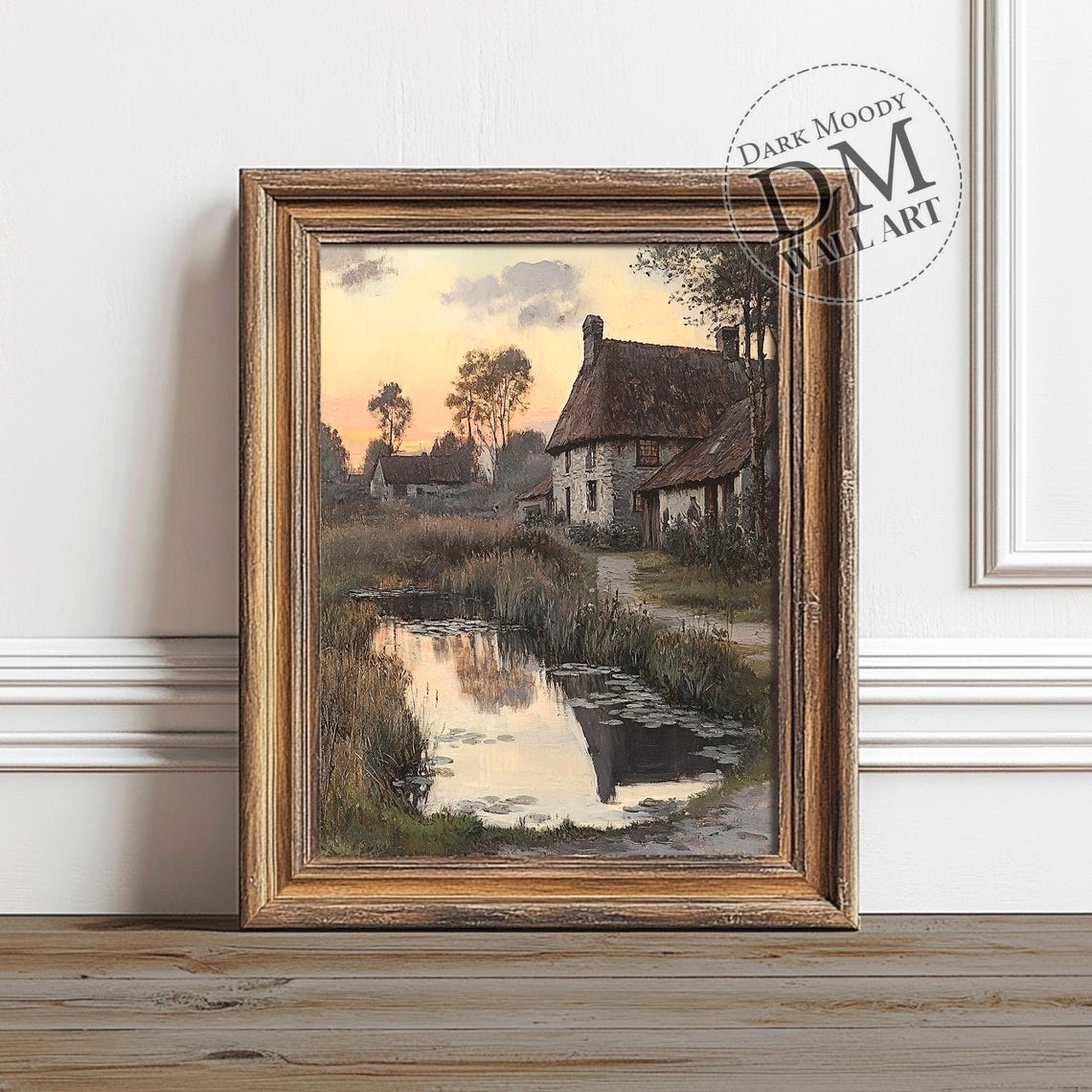 Thatched Cottage by Sunset Pond Reflections Countryside Poster